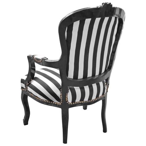 Fauteuil baroque de style Louis XV rayé noir et blanc et bois noir