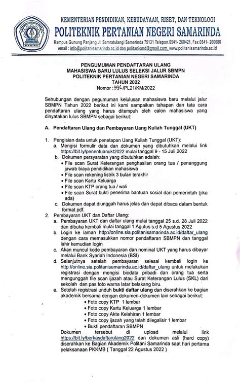 Pengumuman Daftar Ulang Mahasiswa Lulus Seleksi Jalur Sbmpn