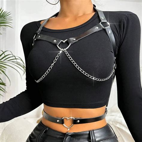 Women Sexy Body Harness Belt Chest Harness Heart Leather Lingerie