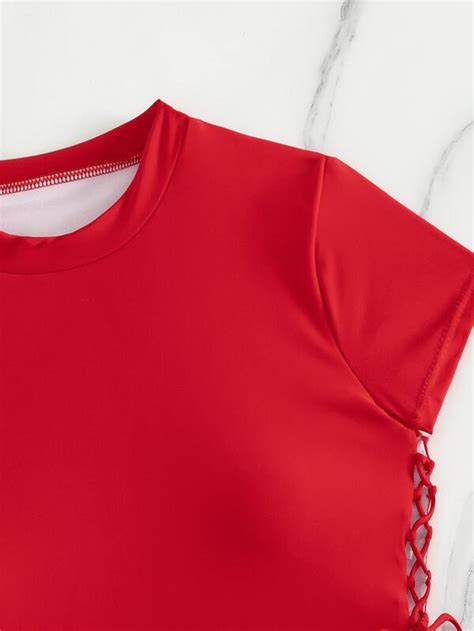 Solid Bikini Set Short Sleeve Tee Cut Out Tie Side Bottom 2 Piece Bathing Suit SHEIN USA
