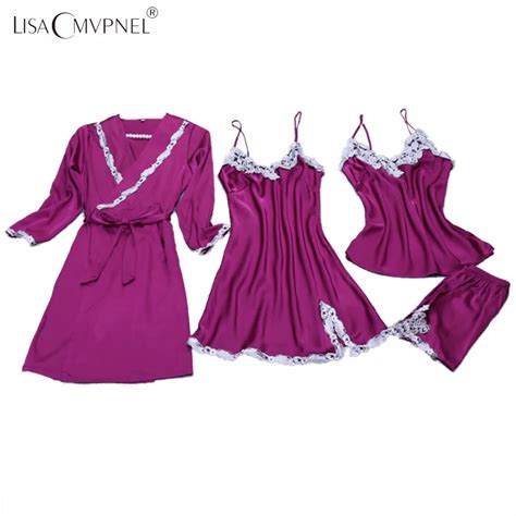 Lisacmvpnel 4 Pcs Sexy Lace Women Robe Sets Nightgown Robe Pant Women