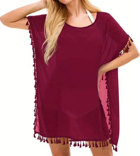 Tassel Decor Cover Up Shirt Round Neck Boho Style Semi Sheer Split