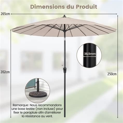 COSTWAY Parasol De Terrasse Dia 265CM Avec 18 Baleines En Fibre De