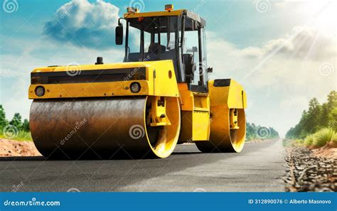 Large Modern Yellow Road Roller Or Steamroller On A New Asphalt Road