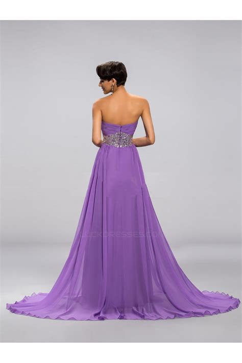 A Line Sweetheart Beaded Long Purple Chiffon Prom Evening Formal Party