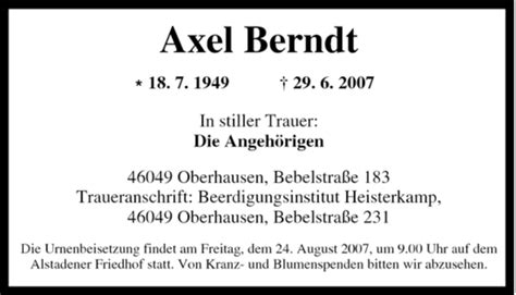 Traueranzeigen Von Axel Berndt Trauer In NRW De