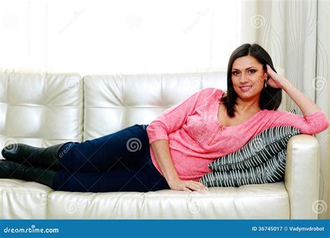 Beautiful Smiling Woman Lying On The Sofa Stock Image Image Of