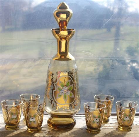 Bohemian Czech Moser Art Glass Amber Gold Decanter 6 Shot Glasses