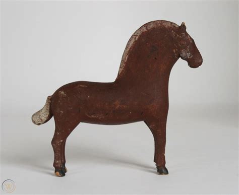 Antique American Folk Art Wood Horse Naive Carved And Painted