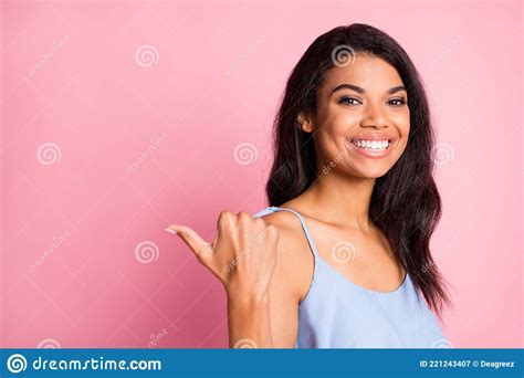 Profile Photo Of Optimistic Brunette Lady Point Empty Space Wear Blue