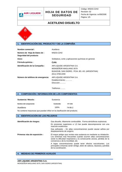 Pdf Hoja De Datos De Revisi N Seguridad Acetileno Acetileno