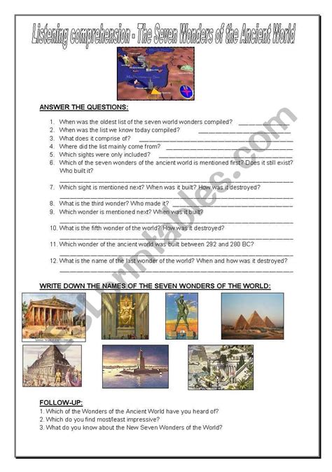 Seven Wonders Of The World Esl Worksheet By Lena101