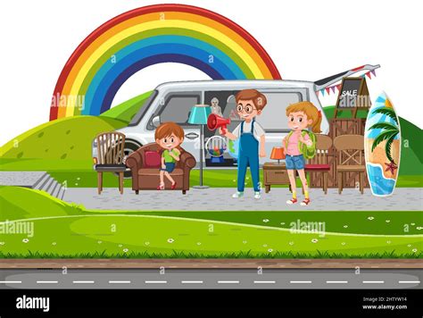 Outdoor scene with car boot sale and cartoon character illustration ...