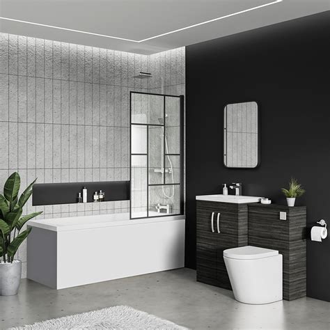 Venice Abstract Matt Black Grid Bath Screen With Square Single Ended