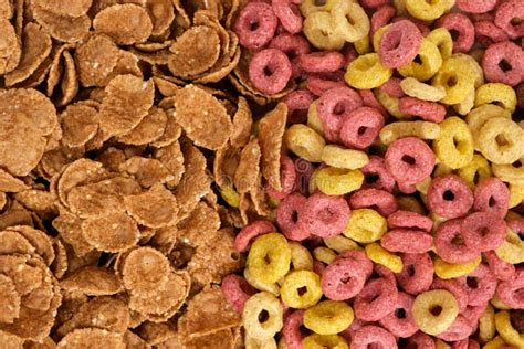 Close Up Of Wheat Flakes And Corn Rings Top View Stock Photo Image