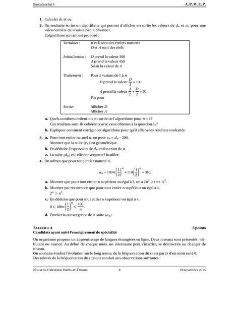 Annale Maths Bac S Nouvelle Calédonie novembre 2015 Sujet AlloSchool