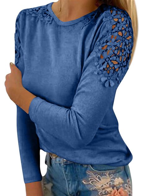 Hubery Women Lace Cut Out Long Sleeve Crew Neck Solid Color Pullover Top