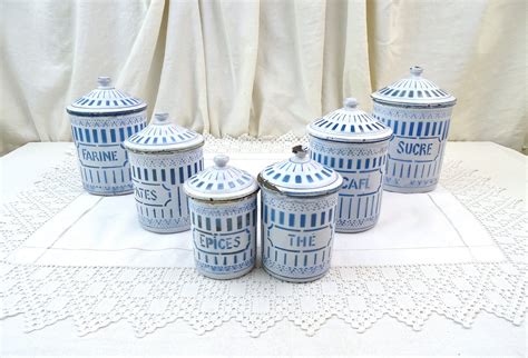 Antique French Piece Enamel Canister Set In White With Blue Pattern