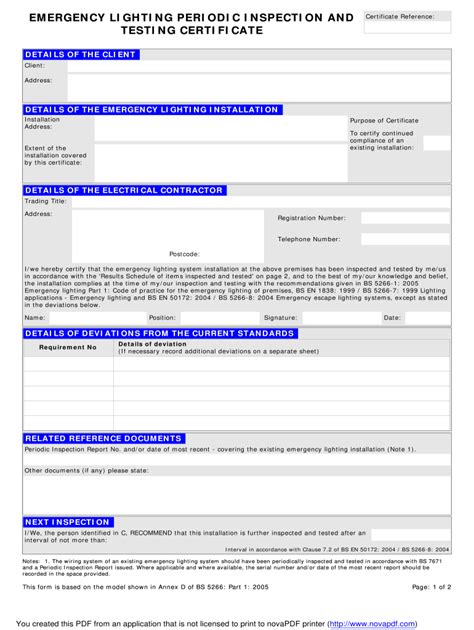 Emergency Lighting Periodic Inspection And Testing Certificate Fill