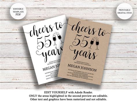 Editable 55th Birthday Invitation Cheers To 55 Years Rustic Etsy