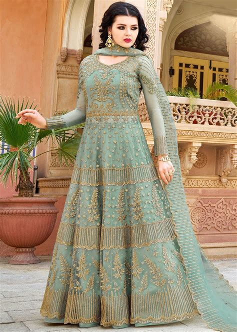 Embroidered Turquoise Net Kurti Style Lehenga Latest Long Choli