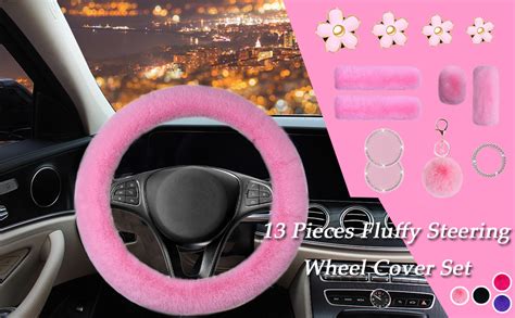 Amazon 13 Pieces Fluffy Steering Wheel Cover Set LUOYOYY Cute Fur