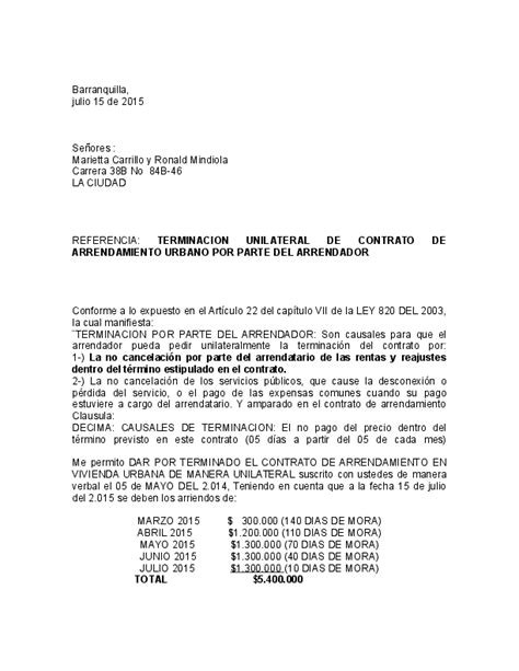 Formato Carta De Terminacion De Contrato De Arrendamiento Colombia Pdmrea