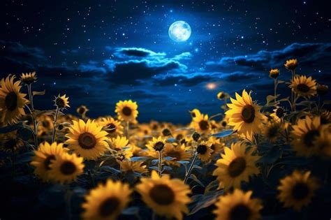 Premium AI Image Sunflowers In A Field With The Moon In The Background