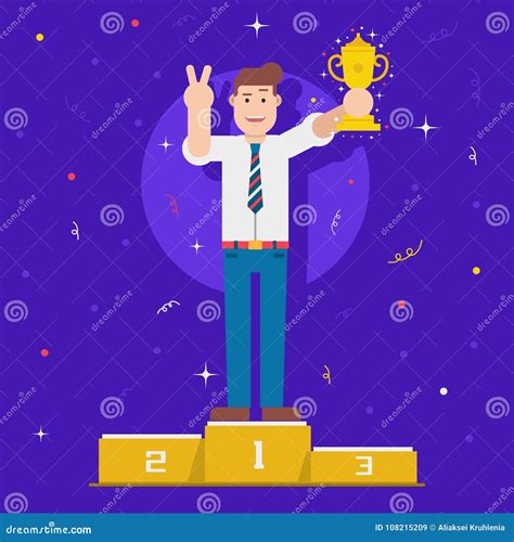 Business Man Holding Trophy On Pedestal Stock Vector Illustration Of