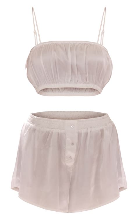 White Satin Ruched Bralet And Short Pj Set Lingerie And Nightwear