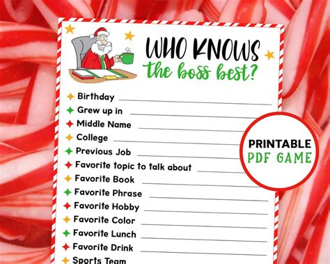 Christmas Printable Game Who Knows The Boss Best Instant Download