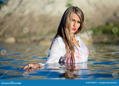 Caucasian Model Posing In Wet White Shirt In Water Stock Image Image