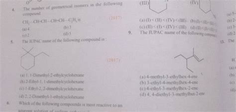 4 The Number Of Geometrical Isomers In The Following III Compound CH2