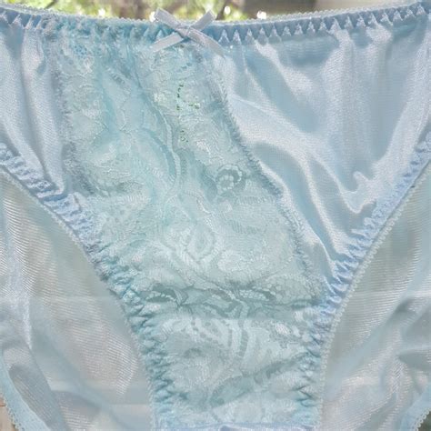 Vintage Silky Nylon Panties Blue Lace Bikini High Leg Brief Size 7 8