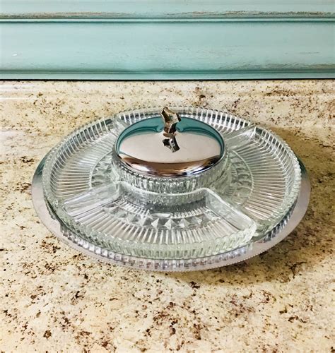 Vintage Kromex Lazy Susan Chrome And Glass Serving Tray Deli Tray