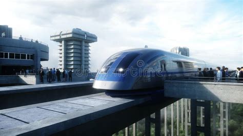 Futuristisch Treinstation Met Monorail En Trein Verkeer Van