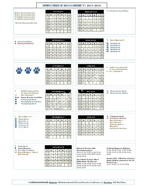 2017 - 2018 School Calendar | Springfield School District (Delaware ...