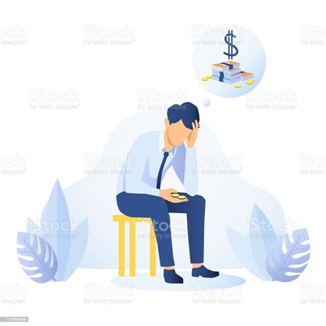 돈 부족 및 금융 문제 개념 돈에 대해 생각하는 우울한 남자 물리적 압력에 대한 스톡 벡터 아트 및 기타 이미지 물리적 압력