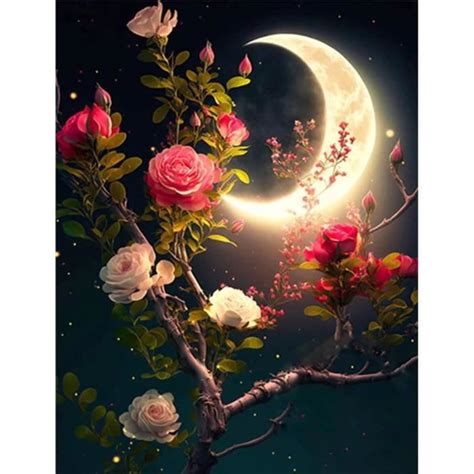 Diamond Painting Lune Et Fleurs Kit Complet Broderie Diamant Lune