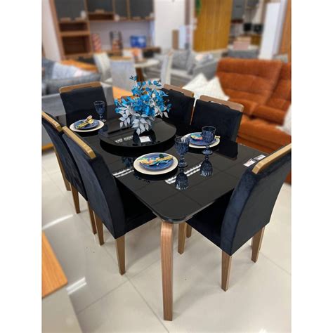 Mesa De Jantar Londrina 180cm Canto Copo C 6 Cadeiras Athenas Preto