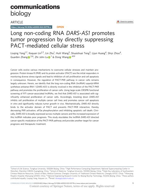 PDF Long Non Coding RNA DARS AS1 Promotes Tumor Progression By