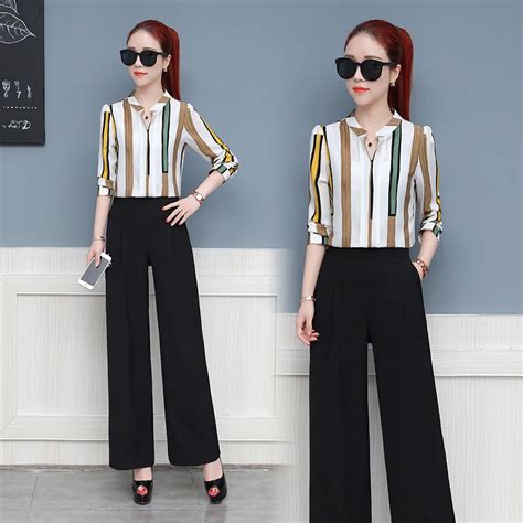 Set Female Spring 2018 New Style Fashion V Neck Chiffon Shirt Wide