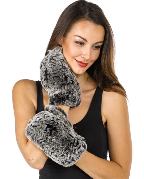 Norway Knit Rex Rabbit Fur Mittens In Black Frost