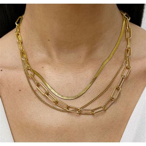 Adornia Jewelry Nwt K Yellow Gold Three Mixed Chain Layered Modern