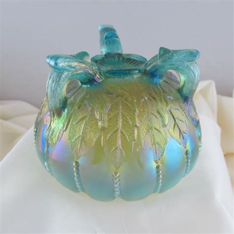 Antique Northwood Aqua Opal Leaf And Beads Carnival Glass Rose Bowl Carnival Glass