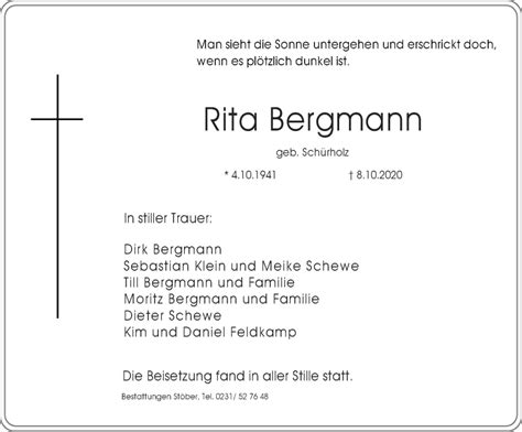 Traueranzeigen Von Rita Bergmann Trauer In Nrw De