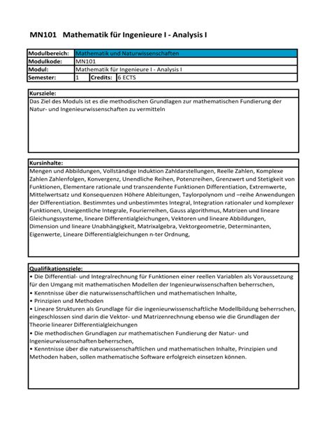 MN101 Mathematik für Ingenieure I