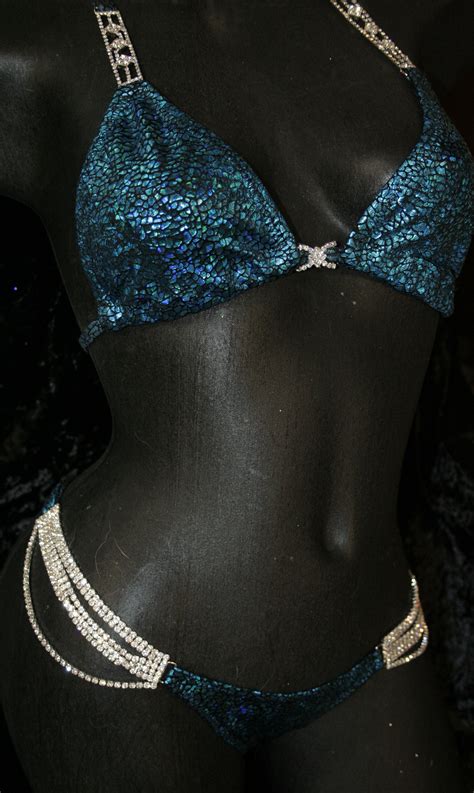 Style Teal Metallic Avatar Competition Bikini With Rhinestone