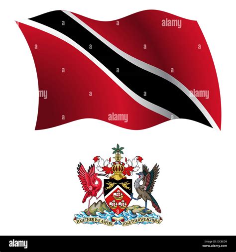 Trinidad And Tobago Wavy Flag And Coat Of Arm Against White Background Vector Art Illustration