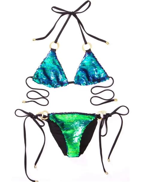 Sequins Bikini Set Shining Halter Metal Swimsuit Solid Swimwear Sexy